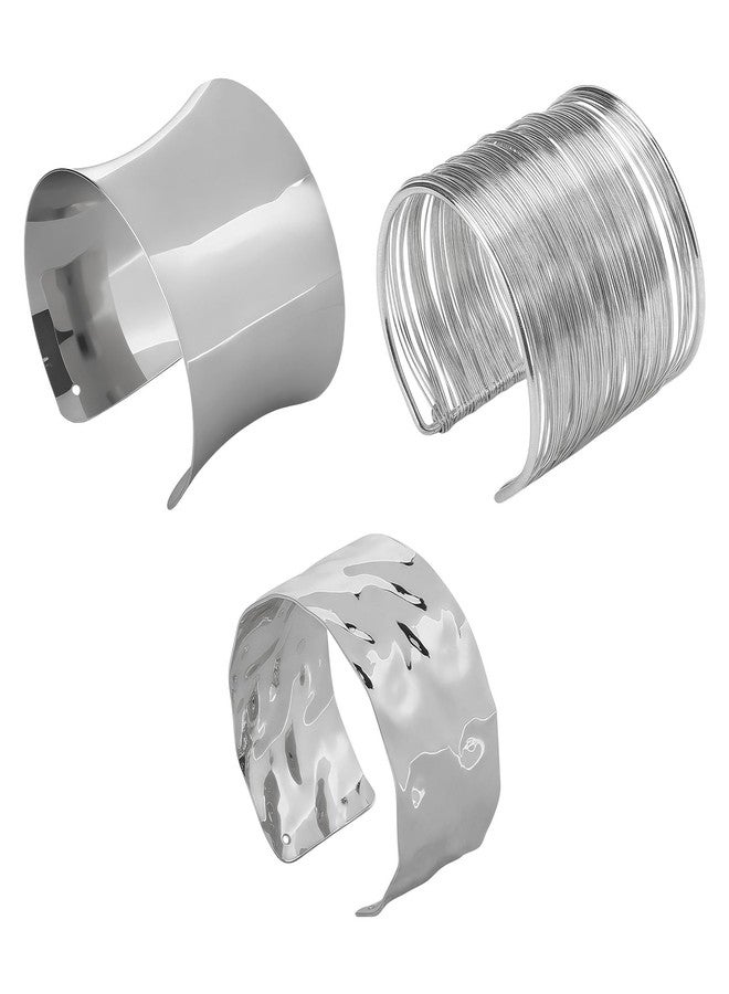 LCJAOF 3PCS Chunky Cuff Bracelets for Women, Minimalist Open Wide Bangle Set-Irregular Stackable Statement Arm Cuff, Adjustable Punk Jewelry (Silver) - Image 1